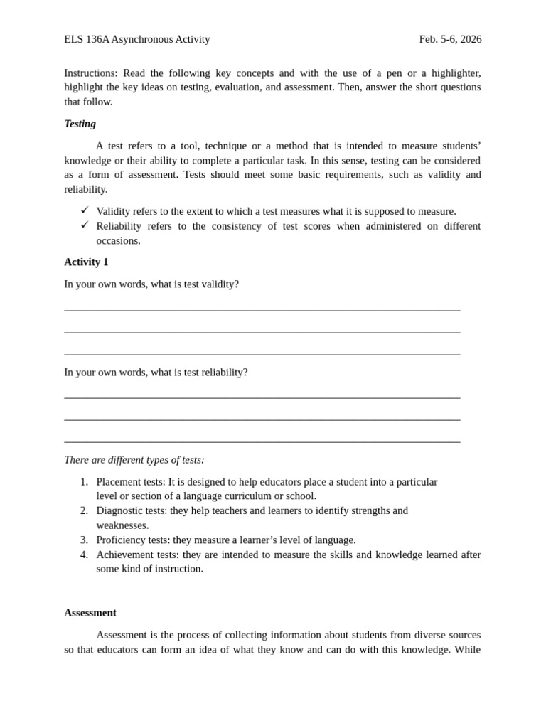 Els 136 Asynchronous Activity Feb 2026 | PDF | Educational Assessment ...