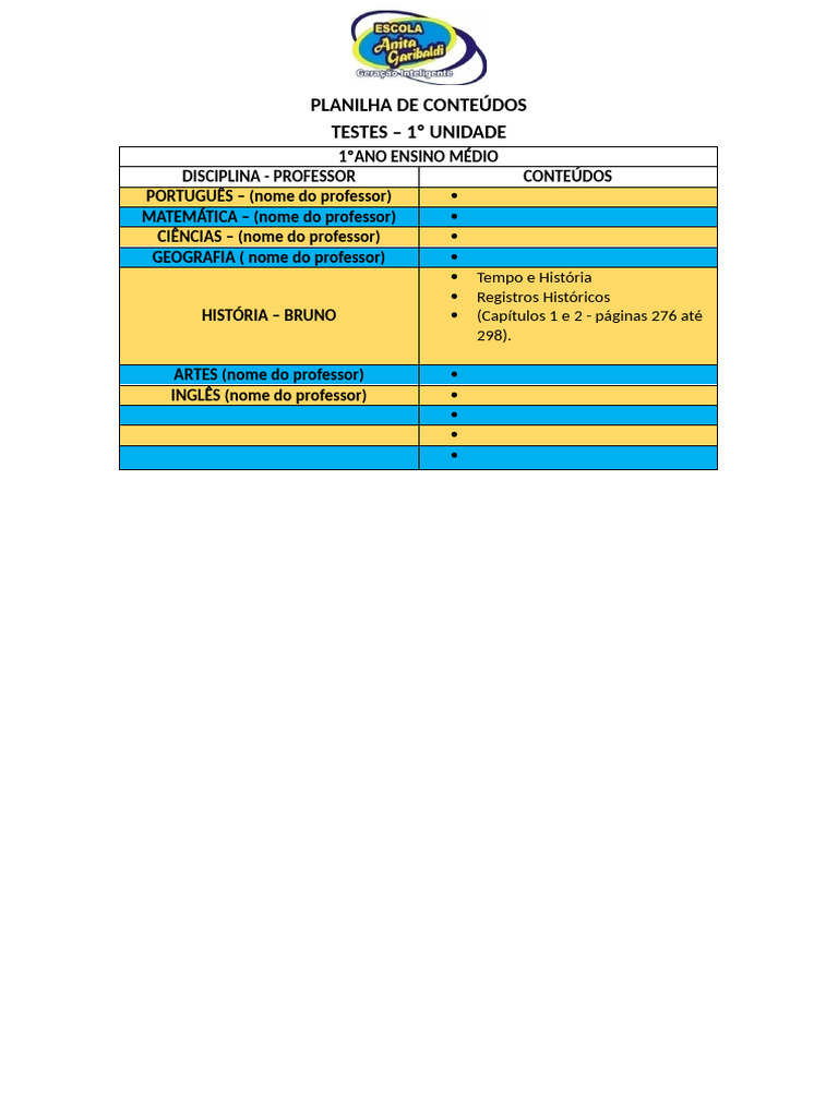 Planilha de Conteúdos - 1º Ano Ensino Médio | PDF