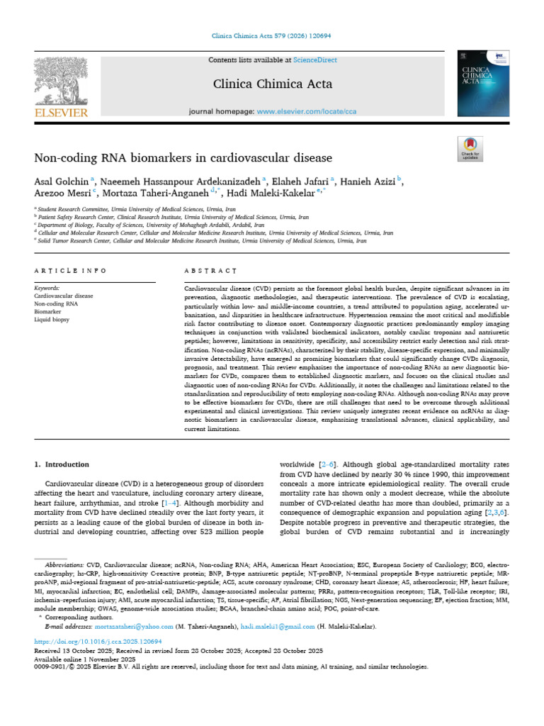 Non Coding RNA Biomarkers in Cardiovascular Disease 2026 Clinica ...