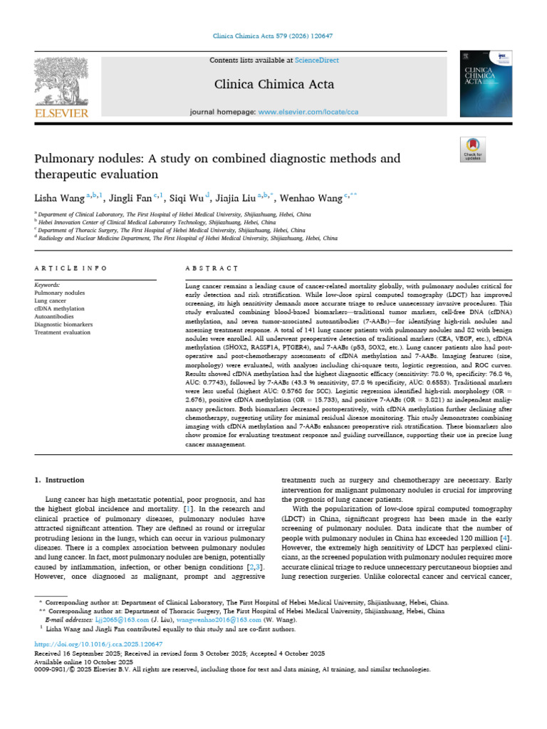 Pulmonary Nodules A Study On Combined Diagnostic Methods 2026 Clinica ...