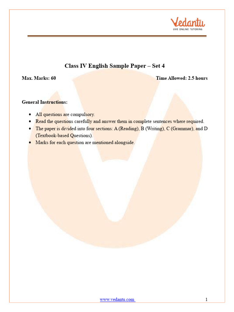FREE PDF of CBSE Class 4 English Sample Paper Set 4 (2024-25) | PDF