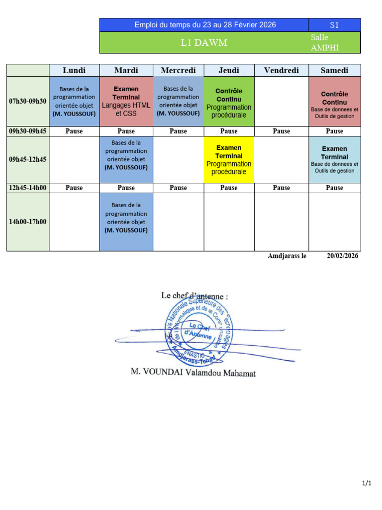 Emploi Du Temps Du 23 Au 288 Février 2026 DAWM | PDF