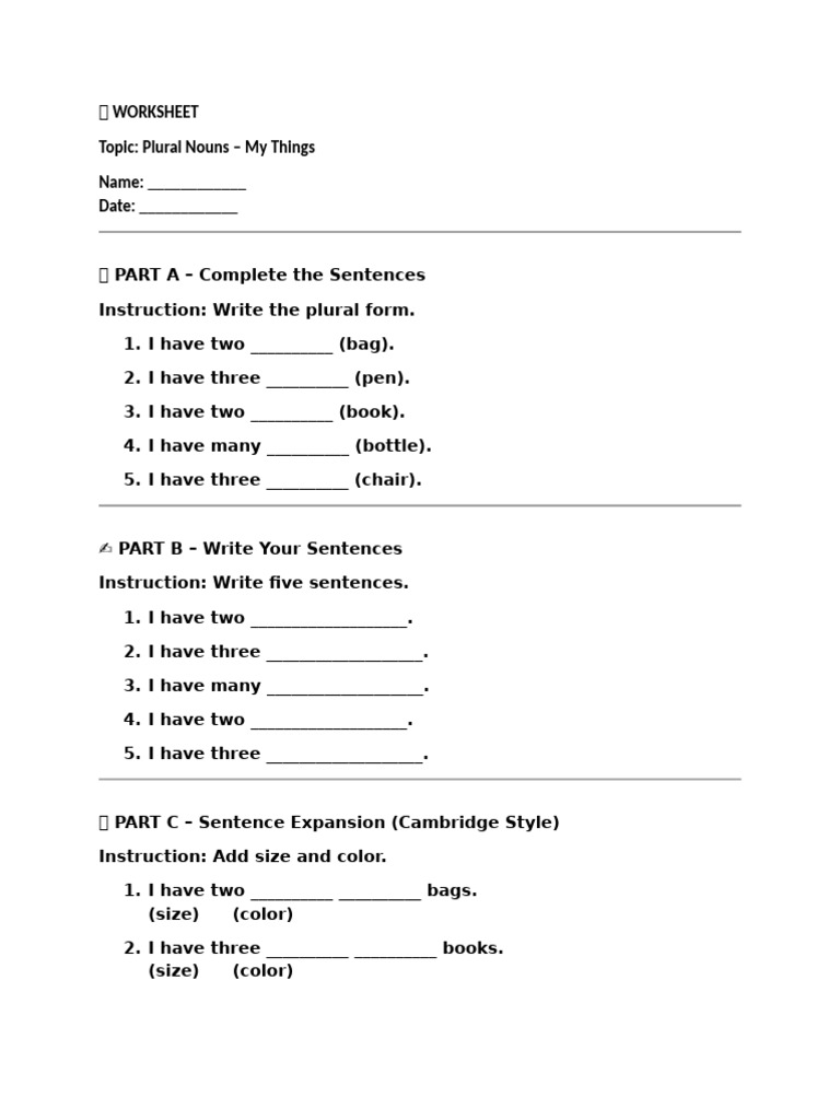 ? Worksheet Describing Pluraity | PDF