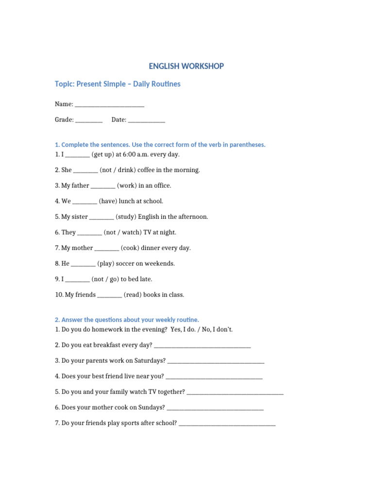 English Workshop Present Simple | PDF