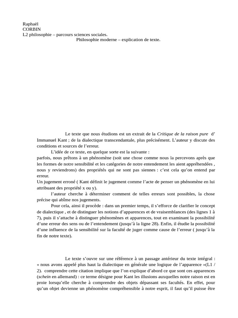 Explication de Texte Kant 2 | PDF | Vérité | Critique de la raison pure