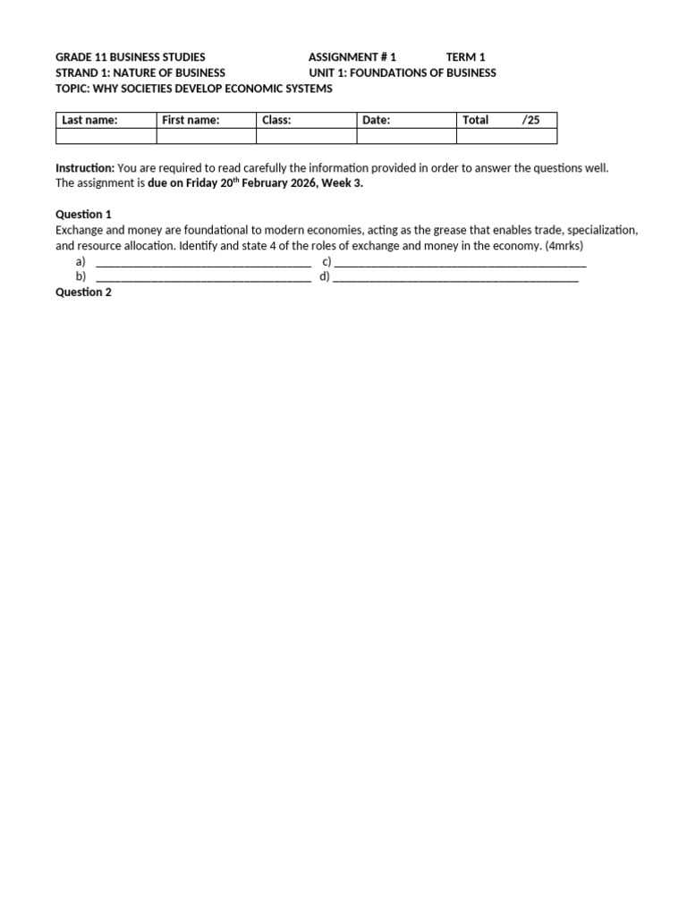 Grade 11 BS Assignment # 1. | PDF