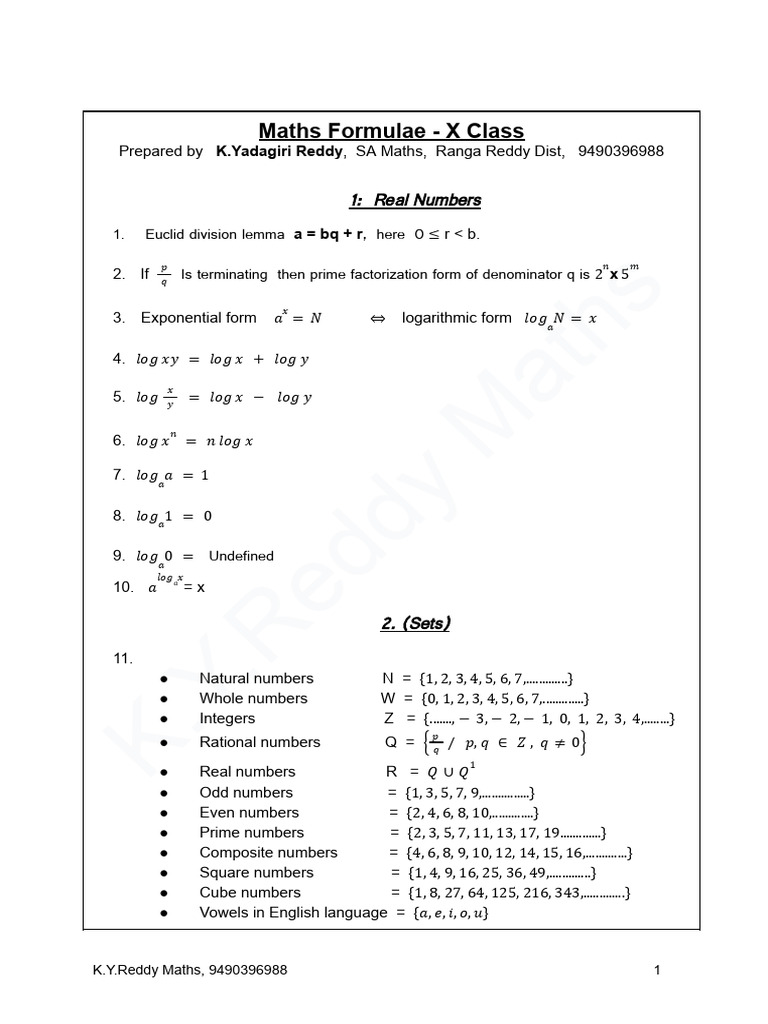 X EM Maths Formulae TG | PDF | Mathematics