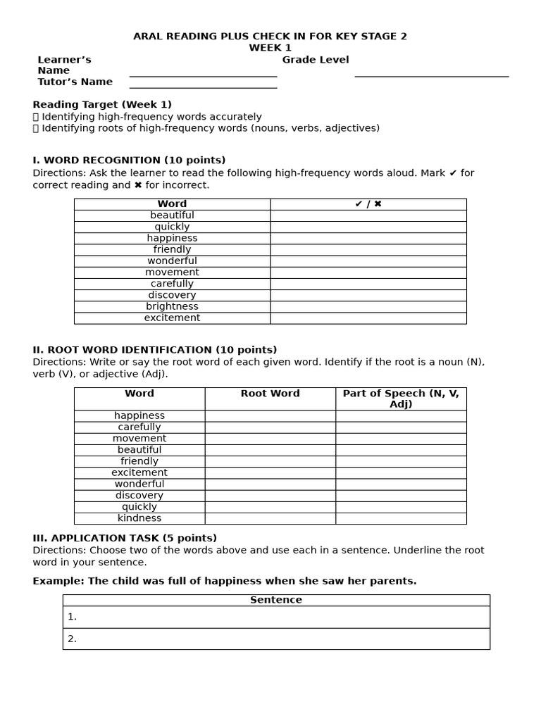 Aral Reading Plus Ks2 Check in Week 1 | PDF