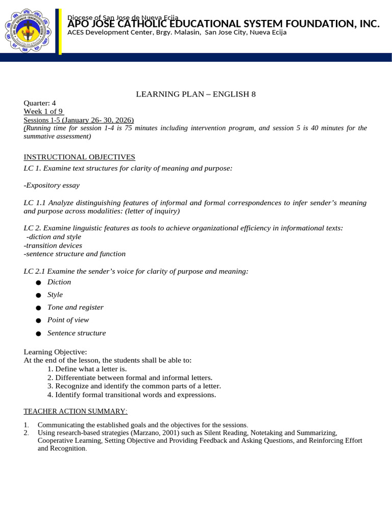 Lesson Plan English 8 (Week 1) | PDF | Learning | Human Communication