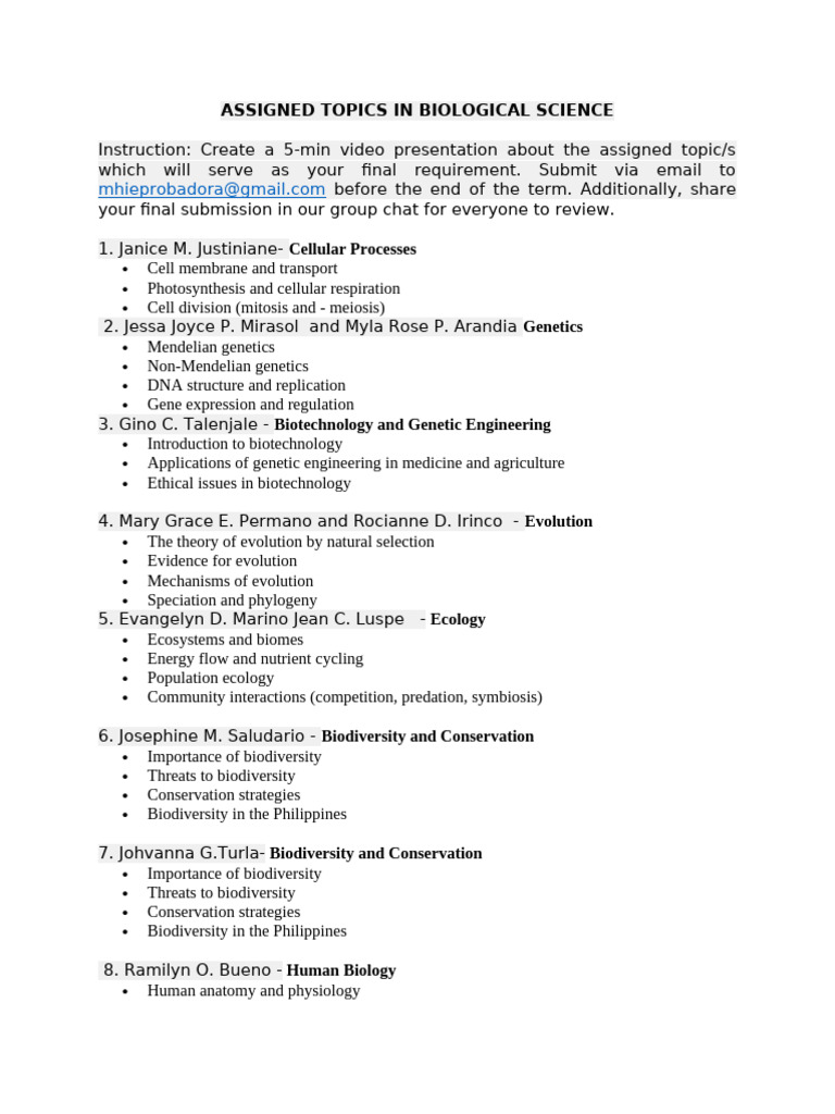 Assigned Topics in Biological Science | PDF | Biology | Microorganism