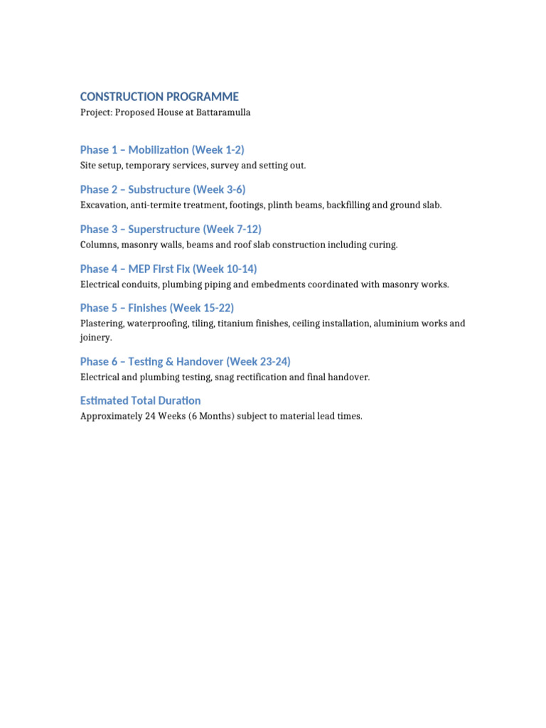 Construction Programme Proposed House | PDF