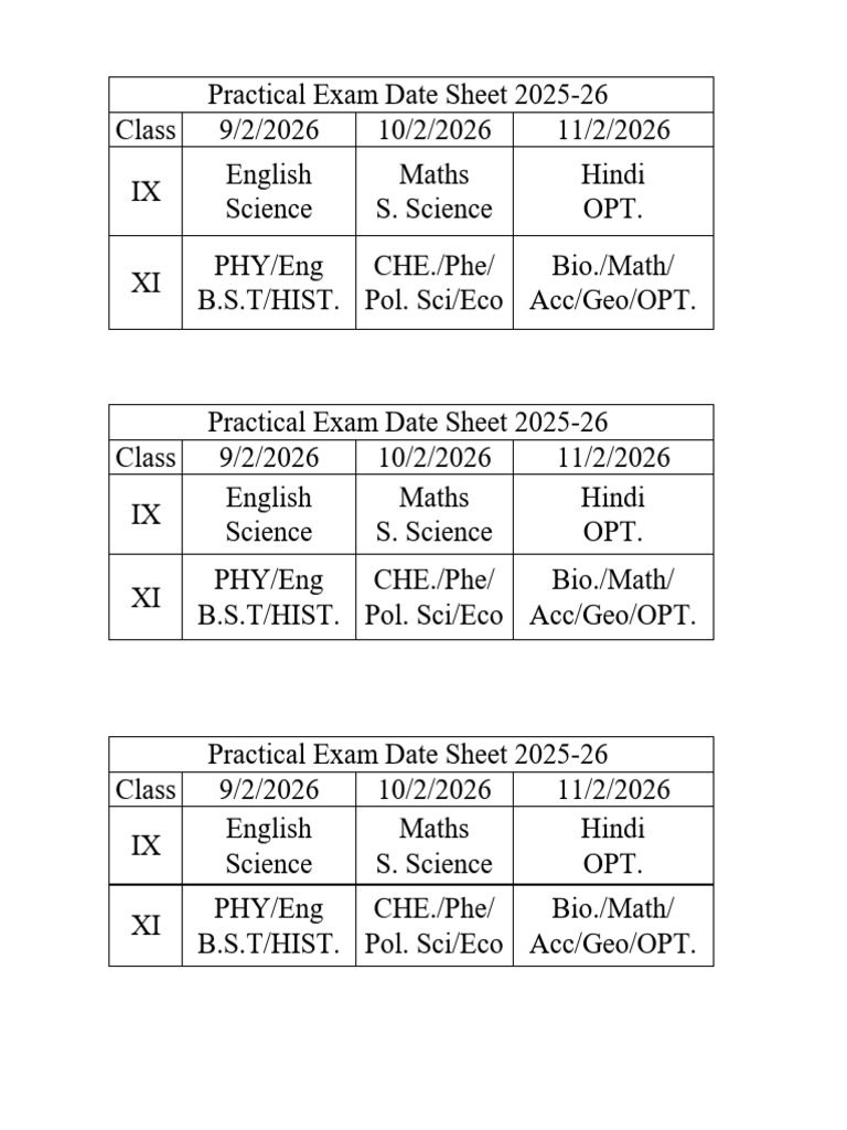 Practical Date Sheet 2025-26 | PDF