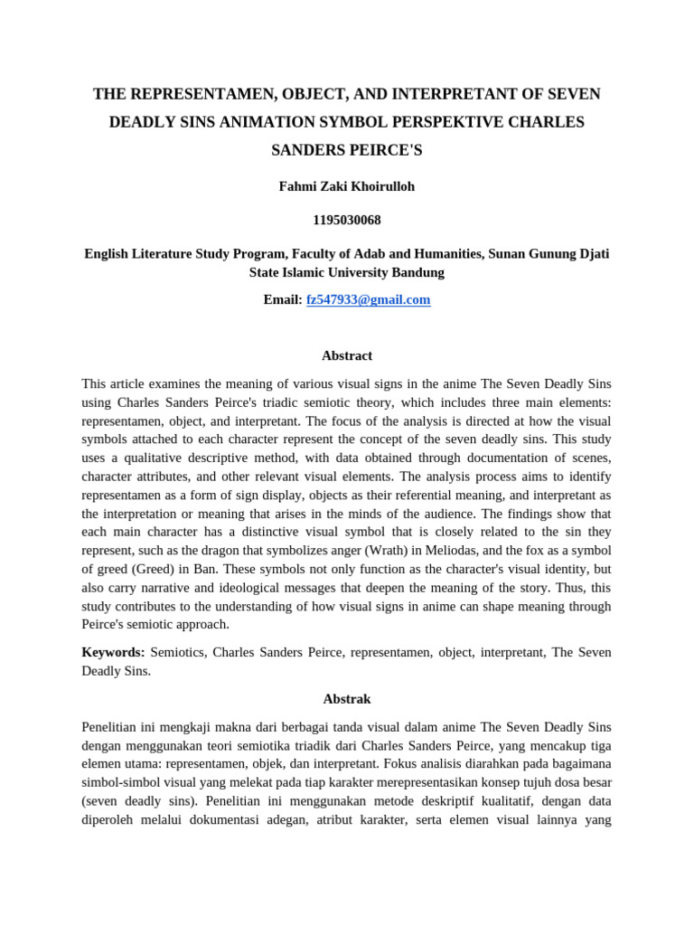 Article The Representamen, Object, and Interpretant of Seven Deadly ...