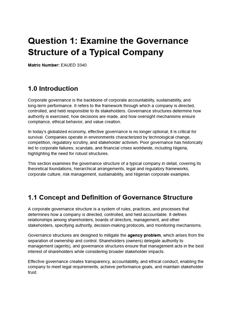 Question 1 - Examine The Governance Structure of A Typical Company 3 ...