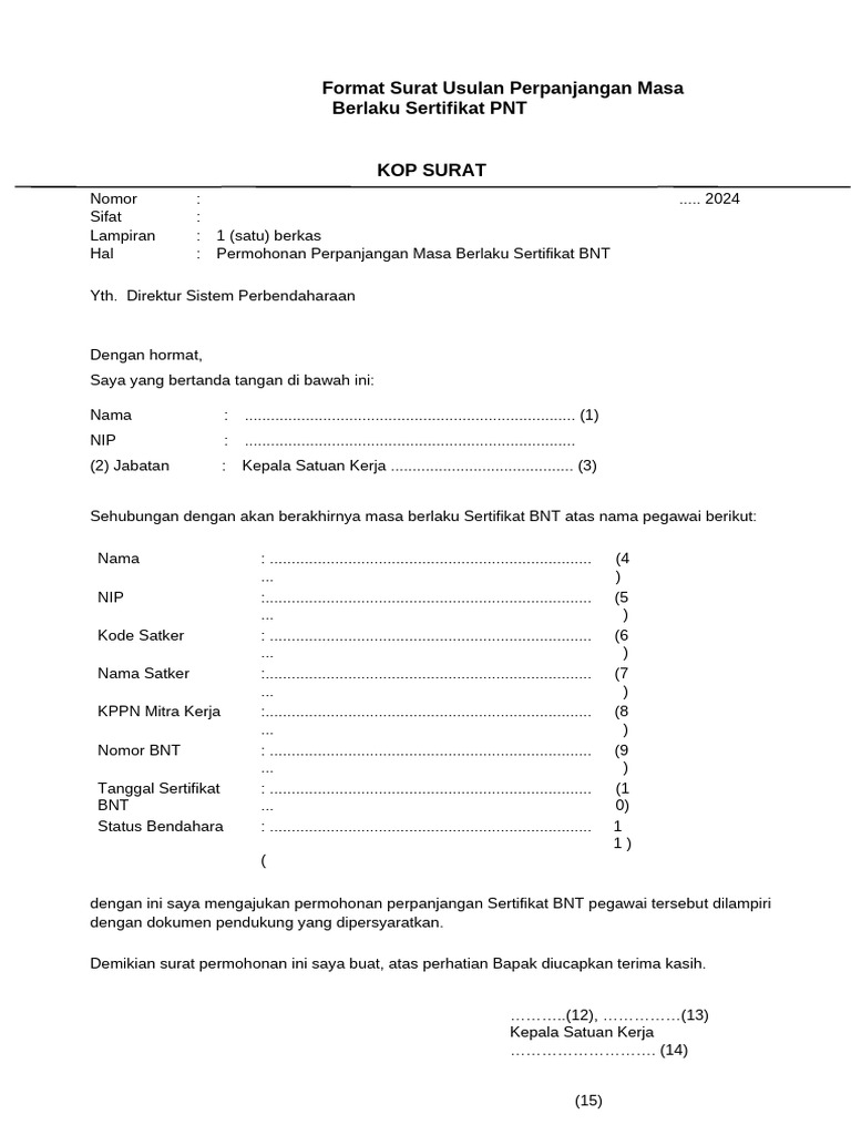 Format Surat Usulan Perpanjangan Masa Berlaku Sertifikat BNT | PDF