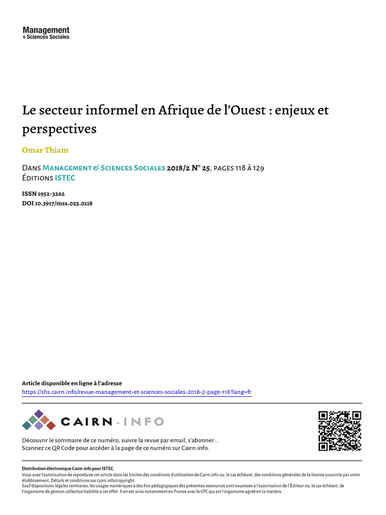 Thiam 2018 Le Secteur Informel en Afrique de Louest Enjeux Et ...