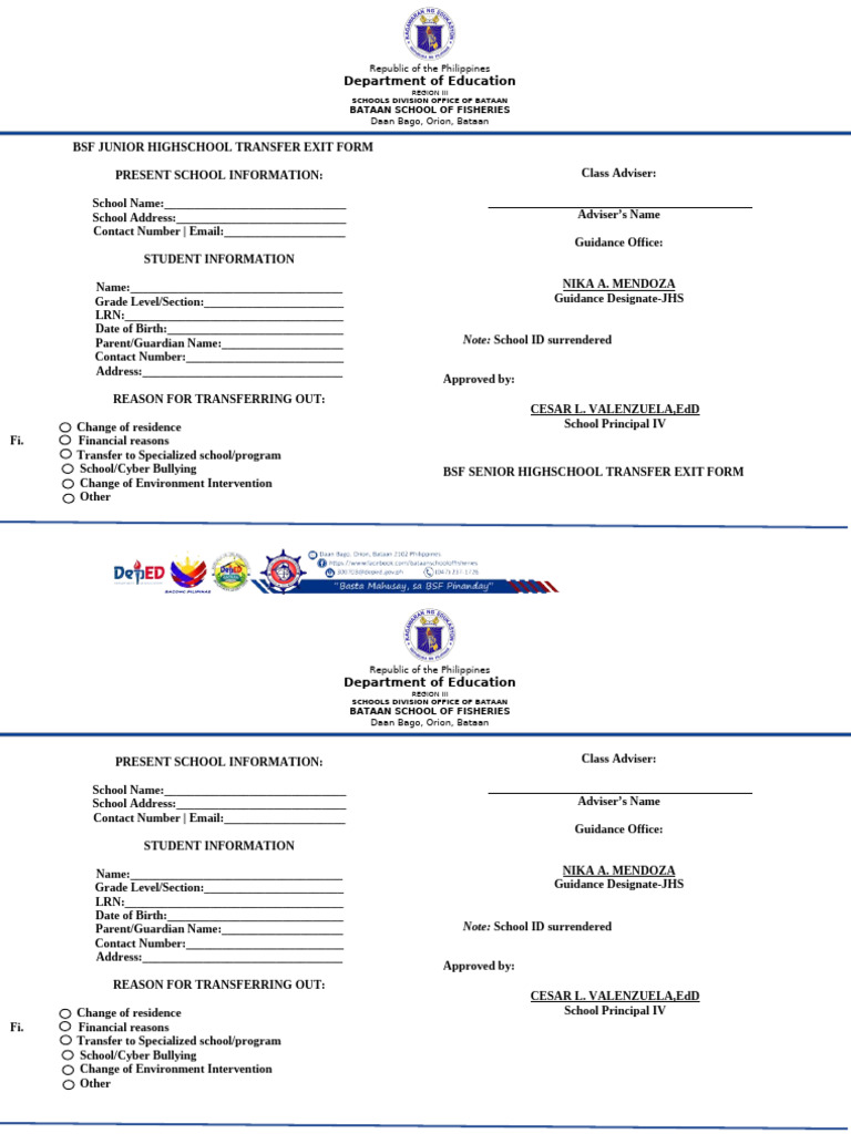 EXIT FORM For TRANSFER | PDF | Social Institutions | Psychological Abuse