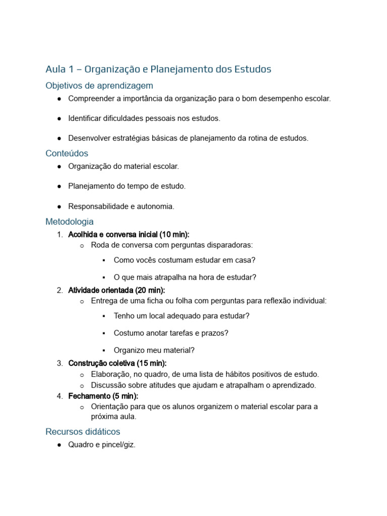 Plano de Aula - Estudos Orientados - 8º Ano | PDF | Aprendizado | Lição