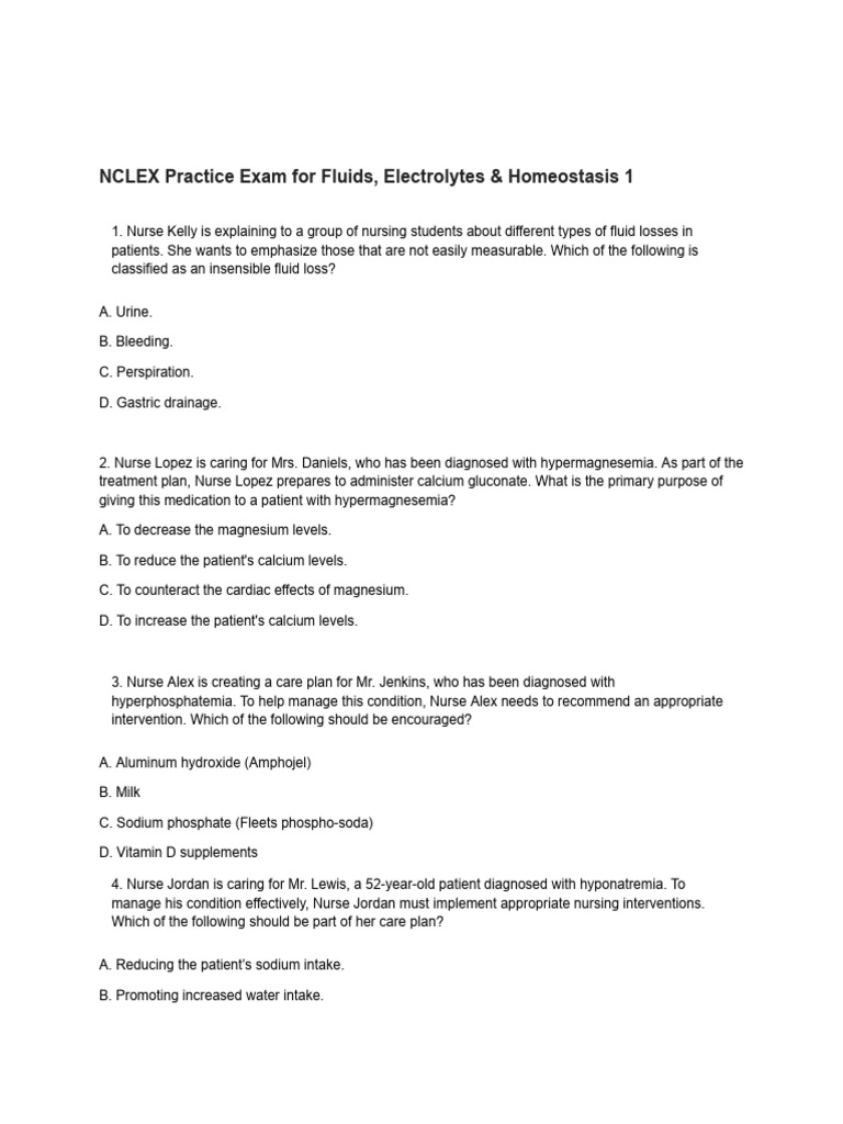 NCLEX Practice Exam For Fluids, Electrolytes & Homeostasis 1 | PDF ...