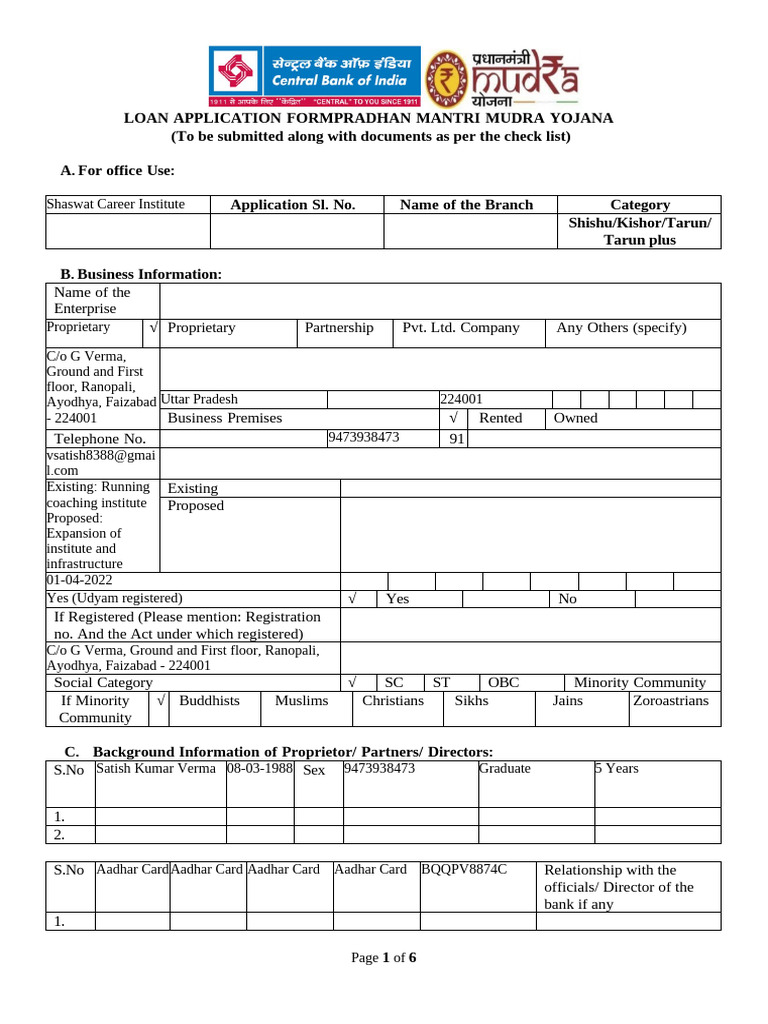 MUDRA Loan Application Final Filled | PDF | Identity Document | Business