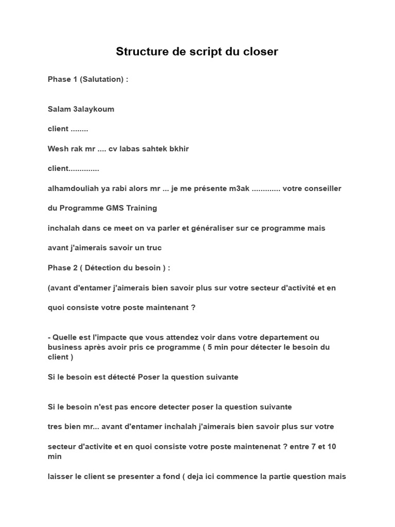 Structure de Script Du Closer | PDF | Commercialisation | Business