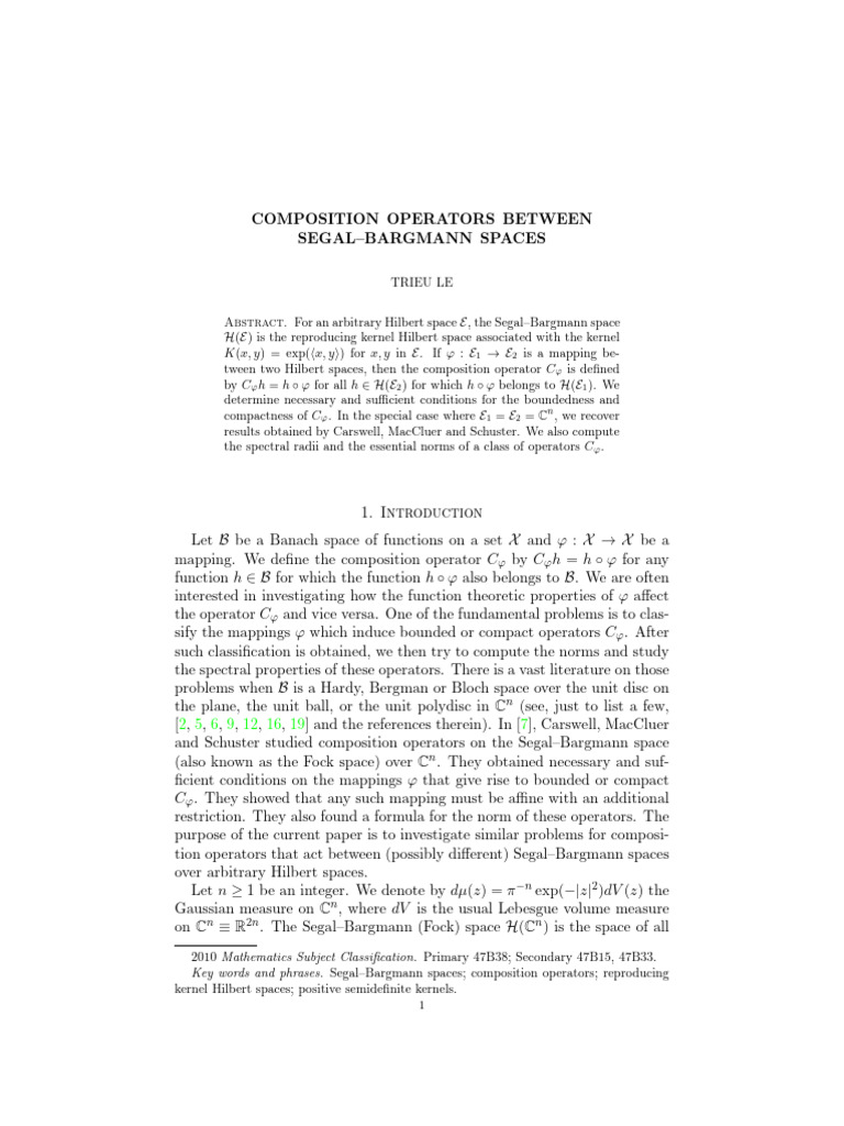 Composition Operators Between Segal-Bergman Spaces | PDF | Hilbert ...