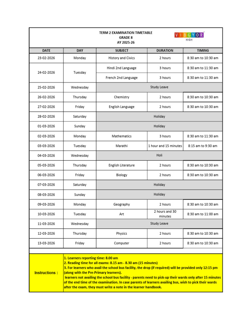 Annexure 1. A. 2. CISCE Grade 8 - Term 2 - Exam Timetable - AY 25-26 | PDF