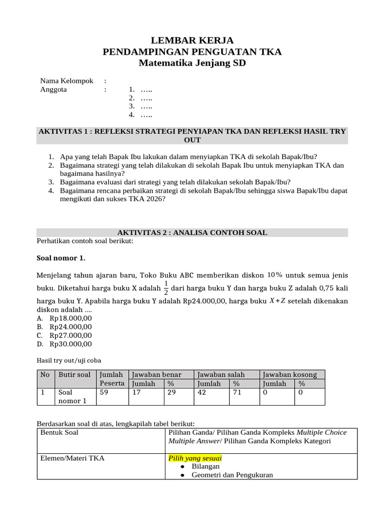 Kelompok 4 - LK Matematika SD - Pendampingan TKA | PDF
