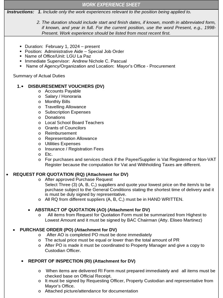 CS Form No. 212 Attachment - Work Experience Sheet | PDF | Taxes | Payments