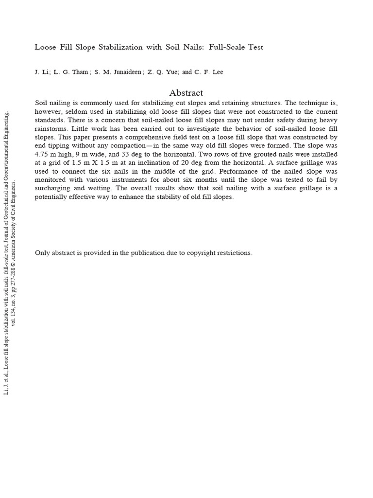 Li Et Al (2008) - Loose Fill Slope Stabilization With Soil Nails - Full ...