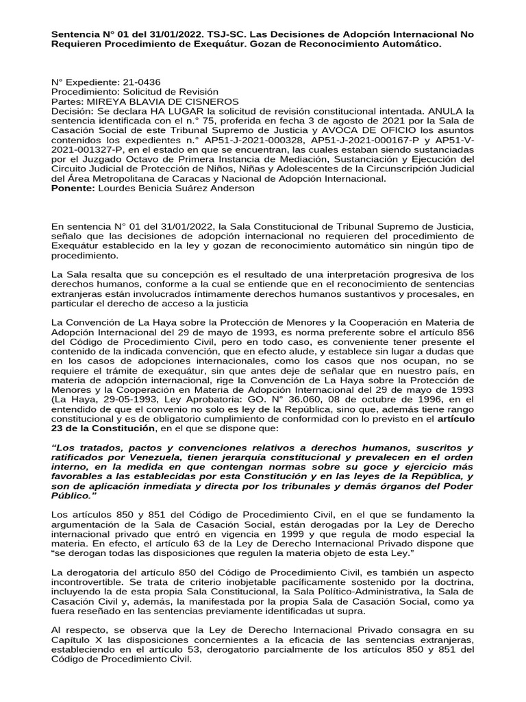 Sentencia #01 Del 31-01-2022. TSJ-SC. Las Decisiones de Adopción ...