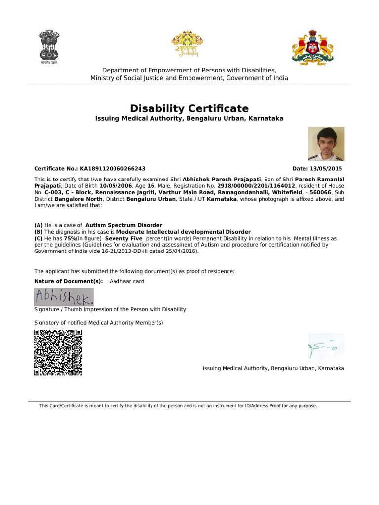 UDID Disability Certificate - 094559 | PDF
