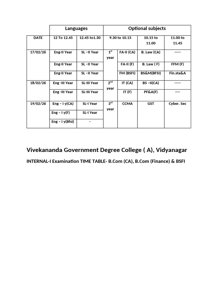 Internal. Time Table | PDF