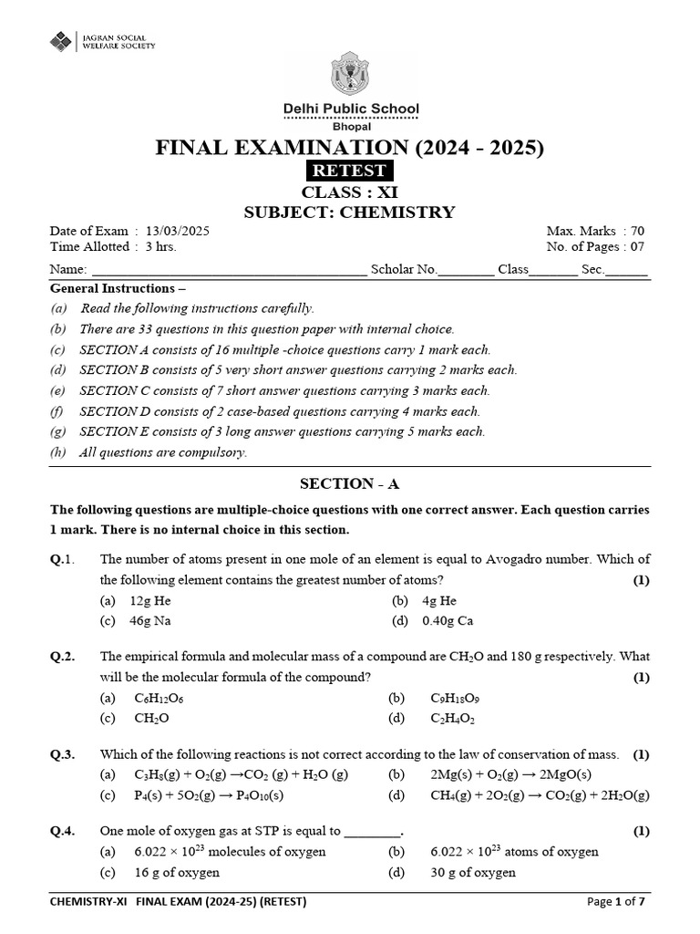 Chemistry - Xi Final Exam (2024-25) (Retest) | PDF | Chemical Elements ...