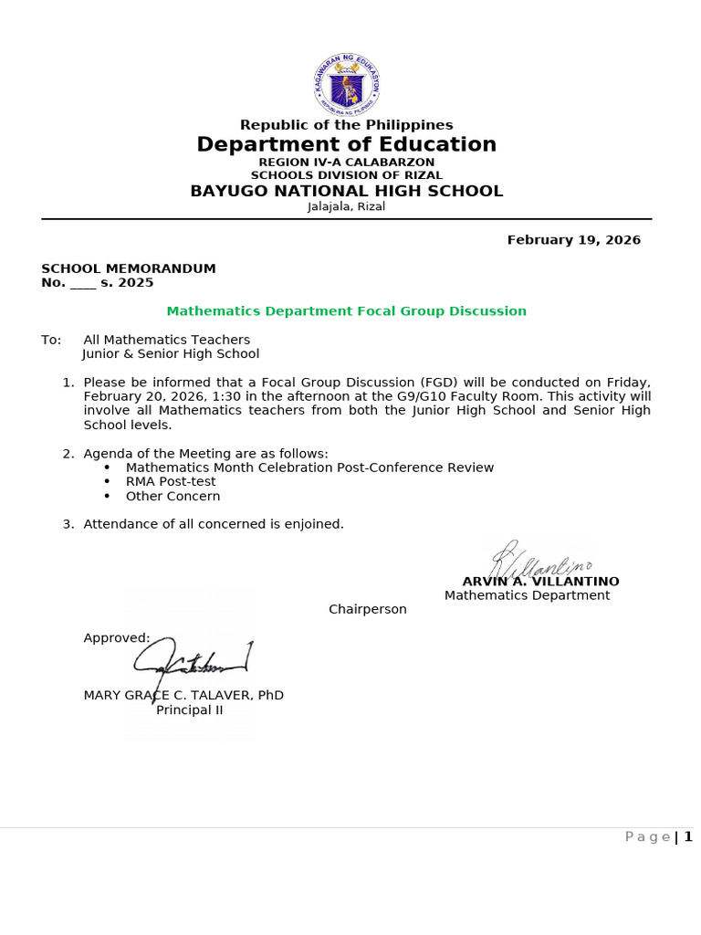 Memo - Math Department (FGD) | PDF