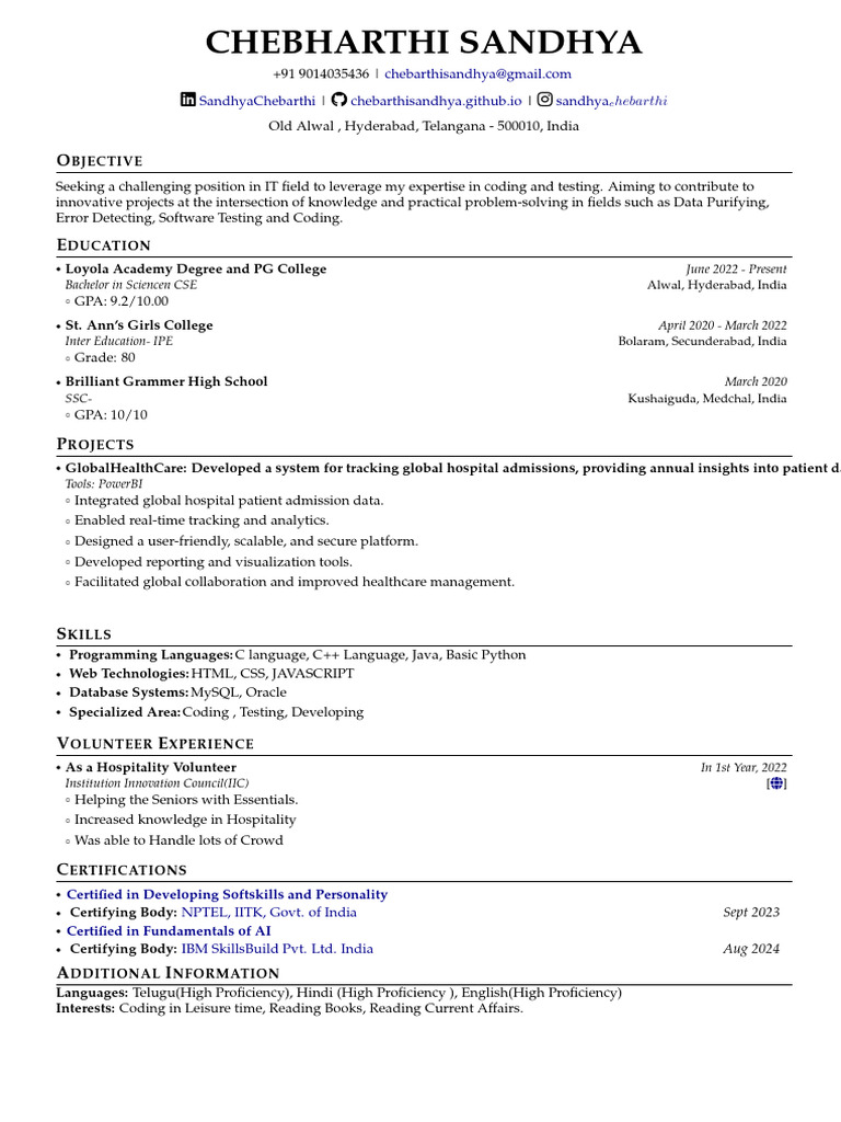 CV Sandhya Final and All | PDF | Computing | Software Engineering