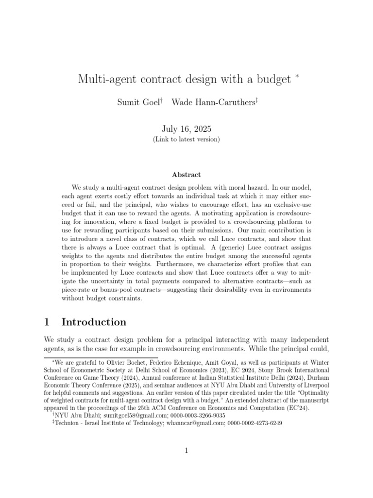 Multi-Agent Contract Design With A Budget | PDF