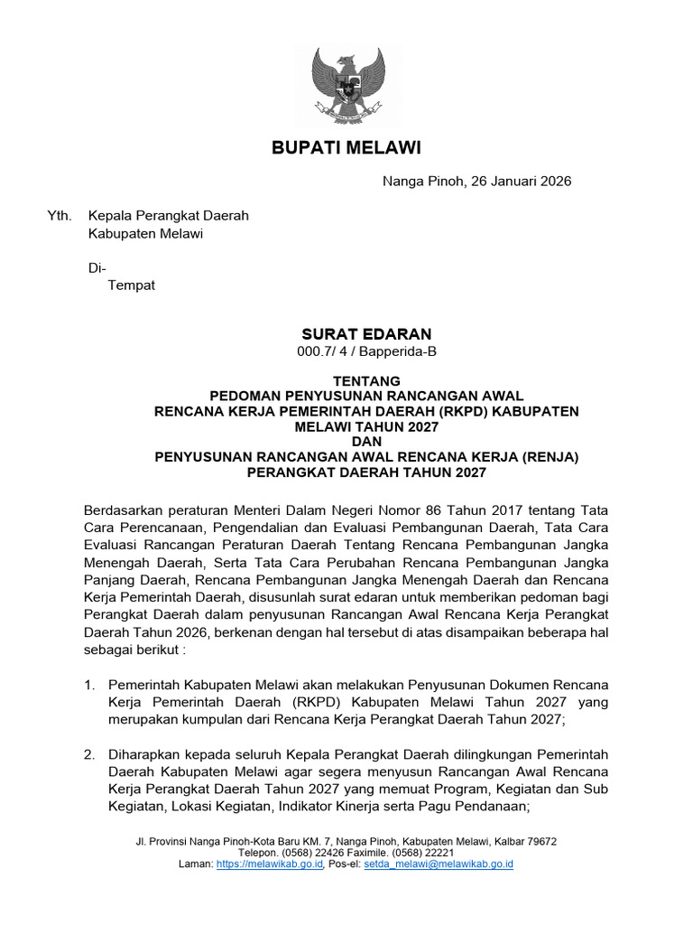 Surat Edaran Penyusunan RKPD Kab Melawi Tahun 2027 Ke Perangkat Daerah ...