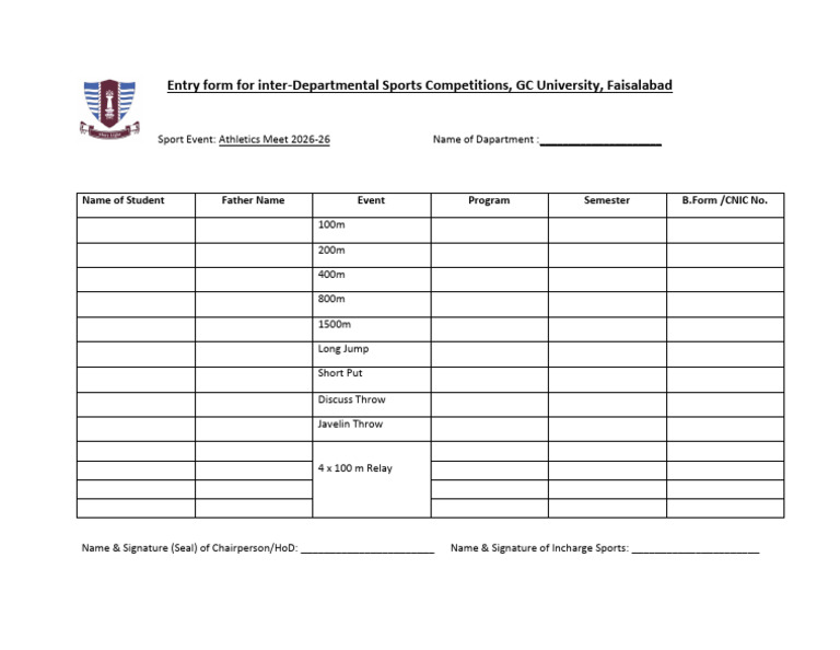 Entry Form For Inter-Departmental Sports Competitions, GC University ...
