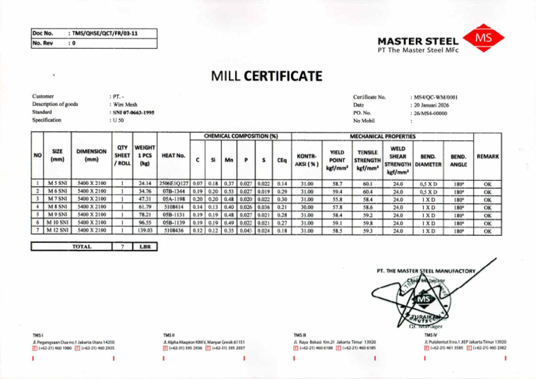 Sample Mill Certificate Wiremesh | PDF