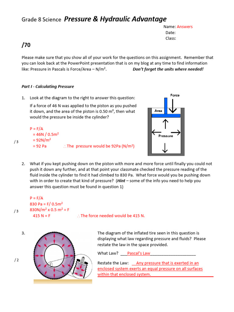 Calculating Pressure and Hydraulic Advantage Assignment Answers | PDF ...