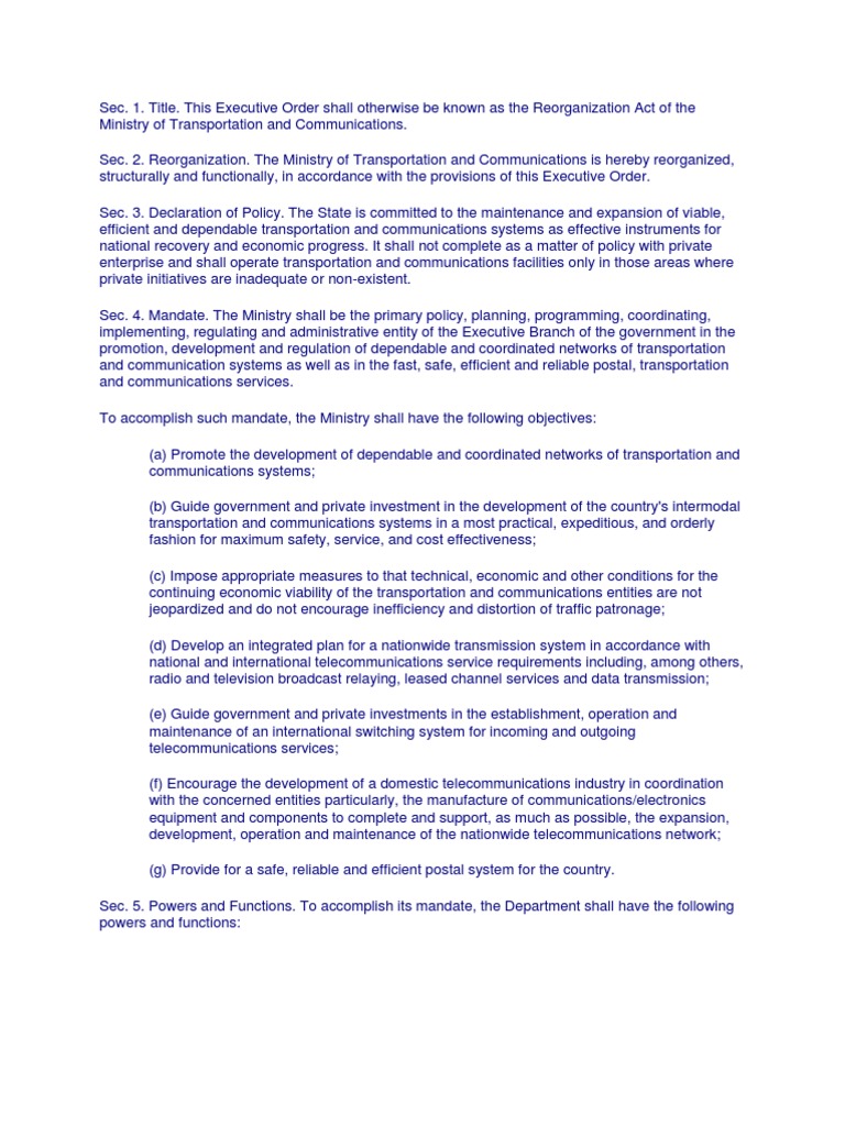 Executive Order No. 125: Transportation Reorg | PDF | Ship Transport ...