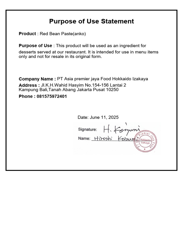 Red Bean Paste - Purpose of Use Statement PDF | PDF