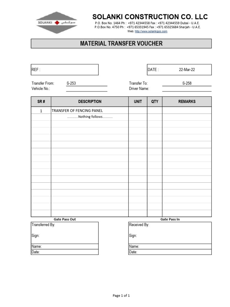 Solanki Construction Co. LLC: Material Transfer Voucher | PDF