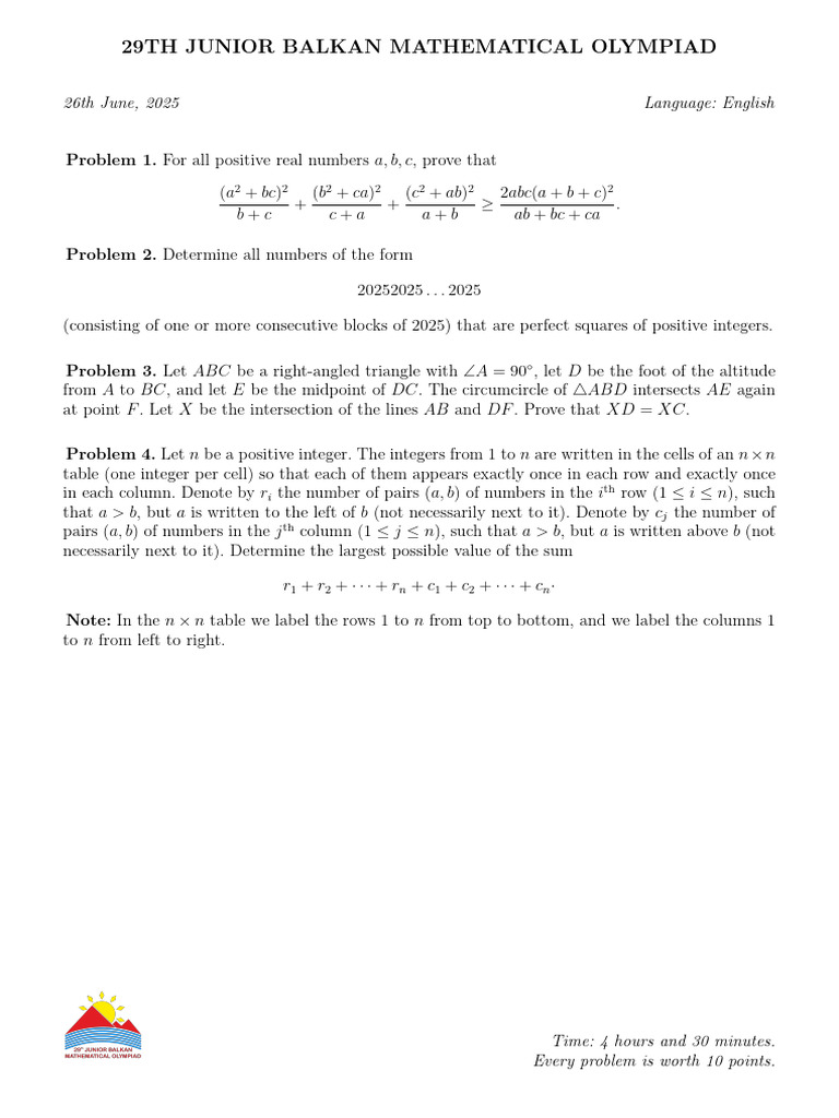 29th Junior Balkan Mathematical Olympiad | PDF | Triangle | Euclidean ...