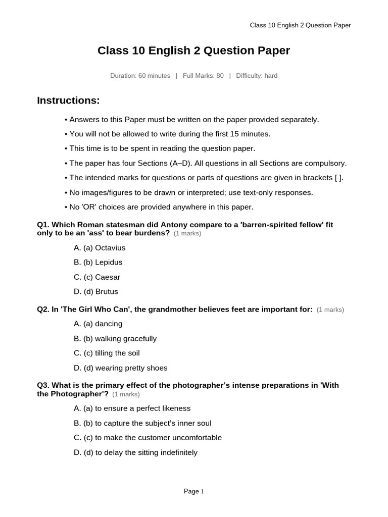 Class 10 English 2 Question Paper | PDF