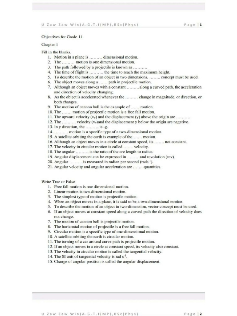 G11, Physics, Unit 1to12 (Objectives) | PDF