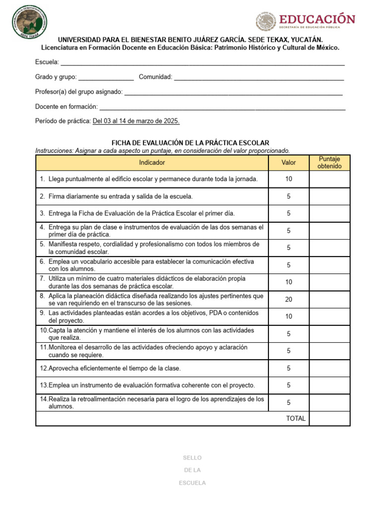 Ficha Evaluación de La Práctica 2025-1 | PDF | Evaluación | Maestros