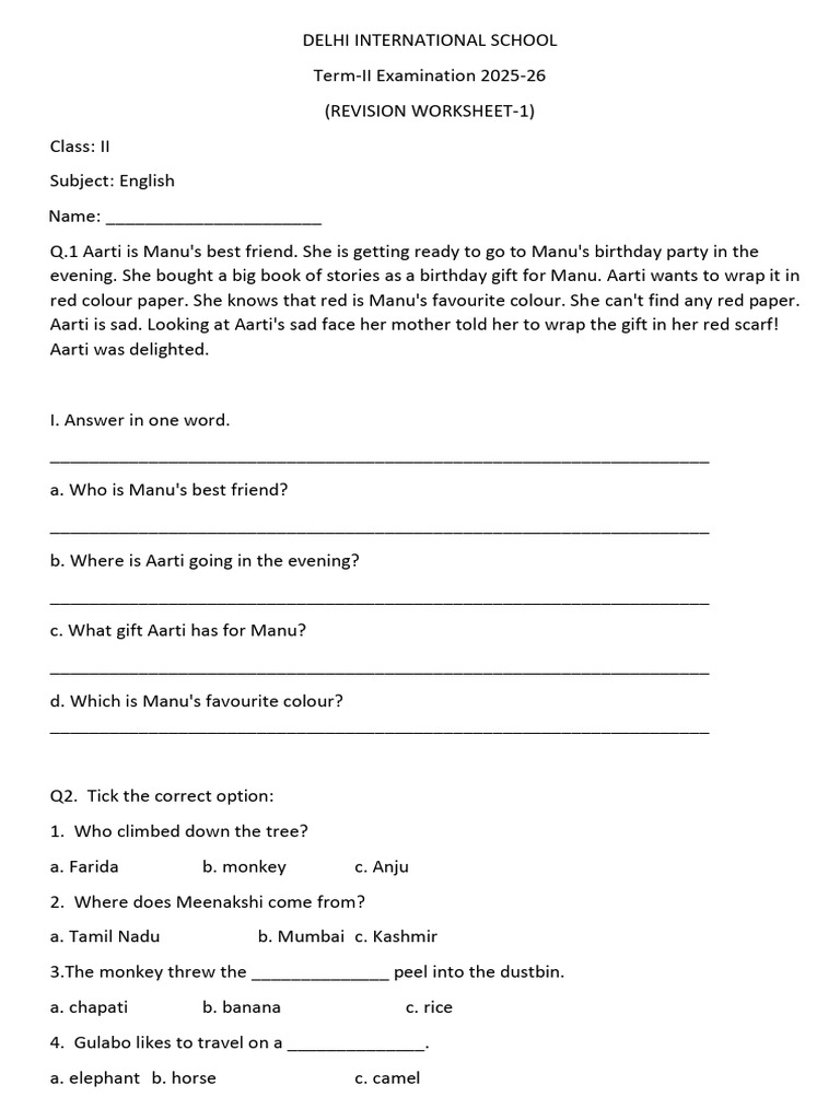 Revision Worksheet-1 - English Term 2-2 | PDF