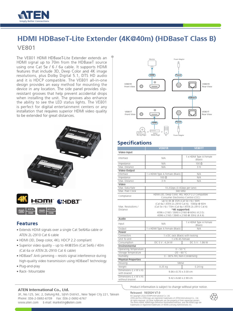 VE801 HDMI HDBaseT Lite Extender Datasheet en | PDF | Hdmi | Computing